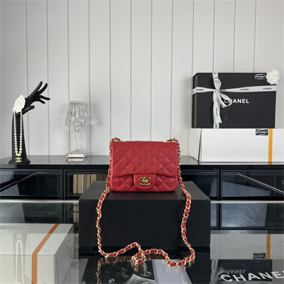 cha.nel S*per mini classic flap bag grained calfskin gold tone metal red 01115