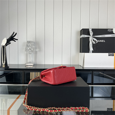 cha.nel S*per mini classic flap bag grained calfskin gold tone metal red 01115