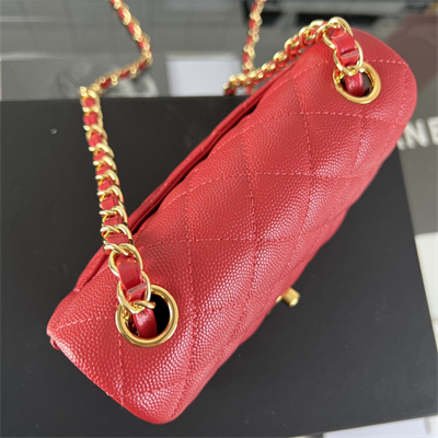 cha.nel S*per mini classic flap bag grained calfskin gold tone metal red 01115