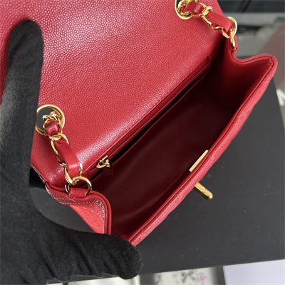 cha.nel S*per mini classic flap bag grained calfskin gold tone metal red 01115