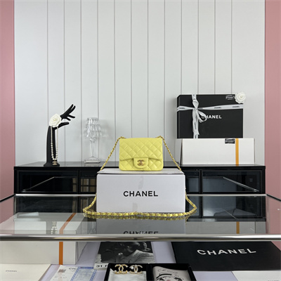 cha.nel S*per mini classic flap bag grained calfskin gold tone metal yellow 01115