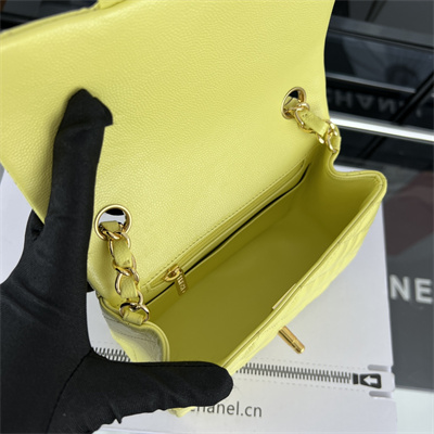 cha.nel S*per mini classic flap bag grained calfskin gold tone metal yellow 01115