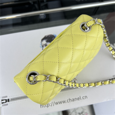cha.nel S*per mini classic flap bag grained calfskin silver tone metal yellow 01115
