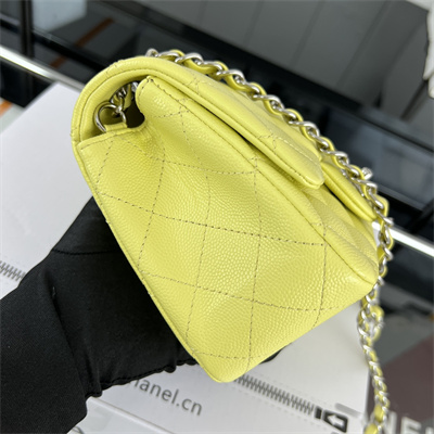 cha.nel S*per mini classic flap bag grained calfskin silver tone metal yellow 01115