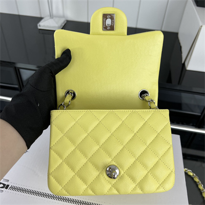 cha.nel S*per mini classic flap bag grained calfskin silver tone metal yellow 01115