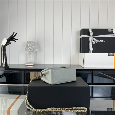 cha.nel S*per mini classic flap bag grained calfskin gold tone metal grey 01115