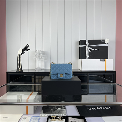 cha.nel S*per mini classic flap bag grained calfskin gold tone metal blue 01115