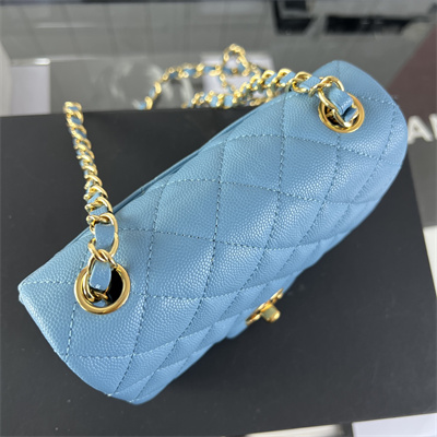 cha.nel S*per mini classic flap bag grained calfskin gold tone metal blue 01115