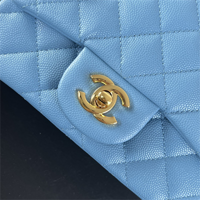 cha.nel S*per mini classic flap bag grained calfskin gold tone metal blue 01115