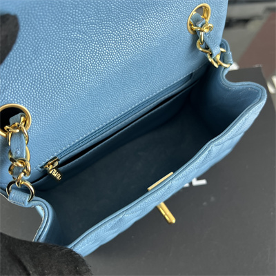 cha.nel S*per mini classic flap bag grained calfskin gold tone metal blue 01115