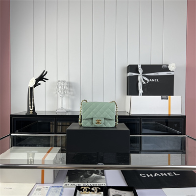 cha.nel S*per mini classic flap bag grained calfskin gold tone metal lt green 01115