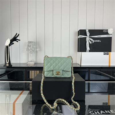 cha.nel S*per mini classic flap bag grained calfskin gold tone metal lt green 01115