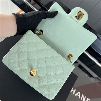 cha.nel S*per mini classic flap bag grained calfskin gold tone metal lt green 01115