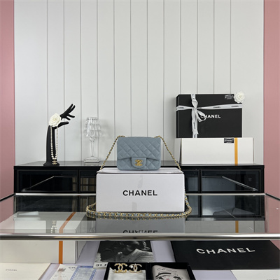 cha.nel S*per mini classic flap bag grained calfskin gold tone metal lt blue 01115