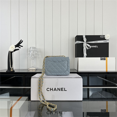 cha.nel S*per mini classic flap bag grained calfskin gold tone metal lt blue 01115