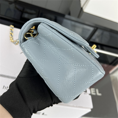 cha.nel S*per mini classic flap bag grained calfskin gold tone metal lt blue 01115