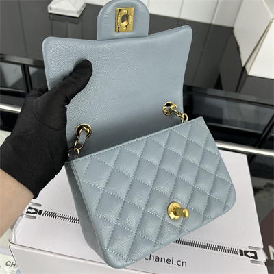 cha.nel S*per mini classic flap bag grained calfskin gold tone metal lt blue 01115