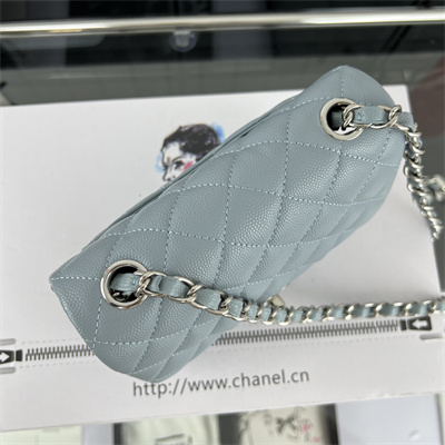 cha.nel S*per mini classic flap bag grained calfskin silver tone metal lt blue 01115