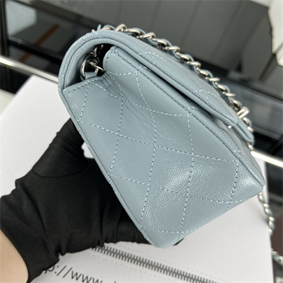 cha.nel S*per mini classic flap bag grained calfskin silver tone metal lt blue 01115