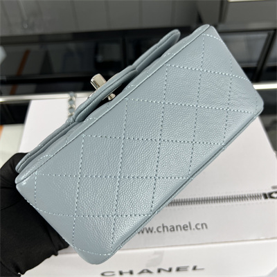 cha.nel S*per mini classic flap bag grained calfskin silver tone metal lt blue 01115