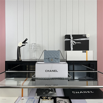 cha.nel S*per mini classic flap bag grained calfskin silver tone metal lt blue 01115