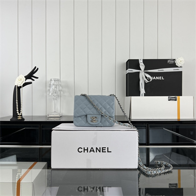 cha.nel S*per mini classic flap bag grained calfskin silver tone metal lt blue 01115