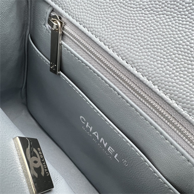 cha.nel S*per mini classic flap bag grained calfskin silver tone metal lt blue 01115