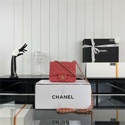 cha.nel S*per mini classic flap bag grained calfskin gold tone metal red 01115