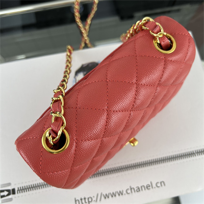 cha.nel S*per mini classic flap bag grained calfskin gold tone metal red 01115