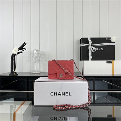 cha.nel S*per mini classic flap bag grained calfskin silver tone metal red 01115