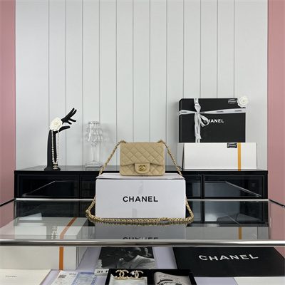 cha.nel S*per mini classic flap bag grained calfskin gold tone metal beige 01115