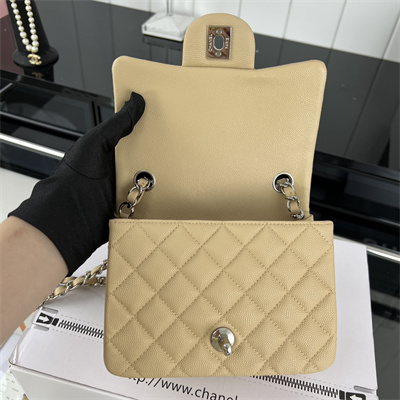 cha.nel S*per mini classic flap bag grained calfskin silver tone metal beige 01115