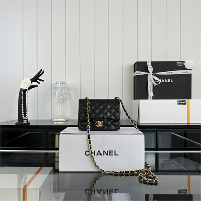 cha.nel S*per mini classic flap bag lambskin gold tone metal black 01115