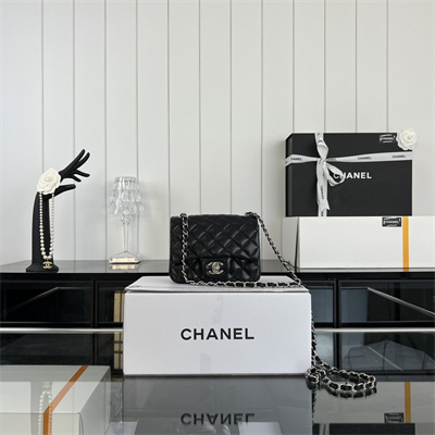 cha.nel S*per mini classic flap bag lambskin silver tone metal black 01115