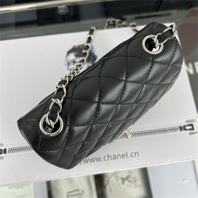 cha.nel S*per mini classic flap bag lambskin silver tone metal black 01115