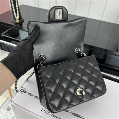 cha.nel S*per mini classic flap bag lambskin silver tone metal black 01115