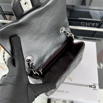 cha.nel S*per mini classic flap bag lambskin silver tone metal black 01115