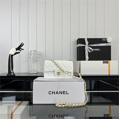 Cha.nel Mini Classic Flap Bag Grained Calfskin Gold Tone Metal White 01116