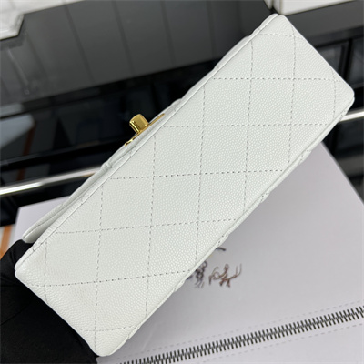 Cha.nel Mini Classic Flap Bag Grained Calfskin Gold Tone Metal White 01116