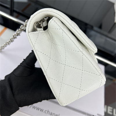 Cha.nel Mini Classic Flap Bag Grained Calfskin Silver Tone Metal White 01116