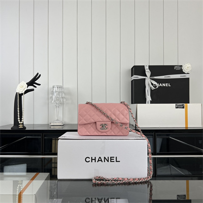 Cha.nel Mini Classic Flap Bag Grained Calfskin Silver Tone Metal Pink 01116