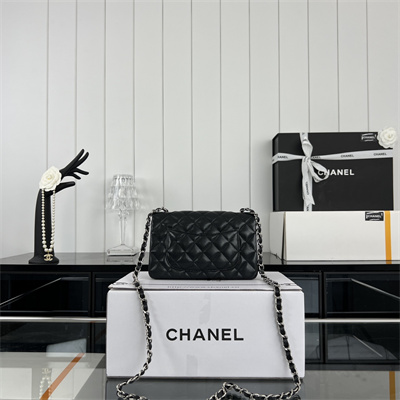 Cha.nel Mini Classic Flap Bag Grained Calfskin Silver Tone Metal Black 01116