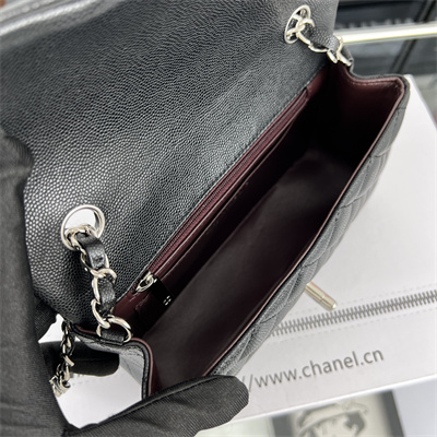 Cha.nel Mini Classic Flap Bag Grained Calfskin Silver Tone Metal Black 01116