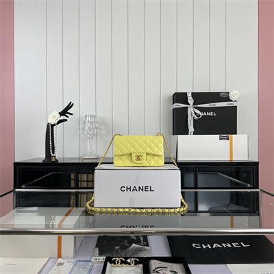 Cha.nel Mini Classic Flap Bag Grained Calfskin Gold Tone Metal Yellow 01116
