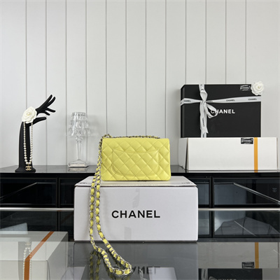 Cha.nel Mini Classic Flap Bag Grained Calfskin Silver Tone Metal Yellow 01116