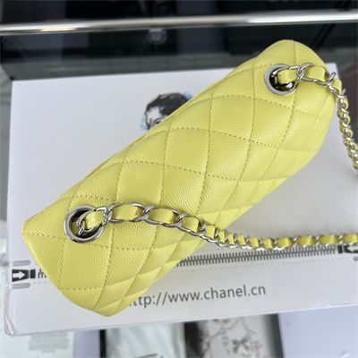 Cha.nel Mini Classic Flap Bag Grained Calfskin Silver Tone Metal Yellow 01116