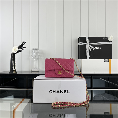 Cha.nel Mini Classic Flap Bag Grained Calfskin Gold Tone Metal Fuchsia 01116
