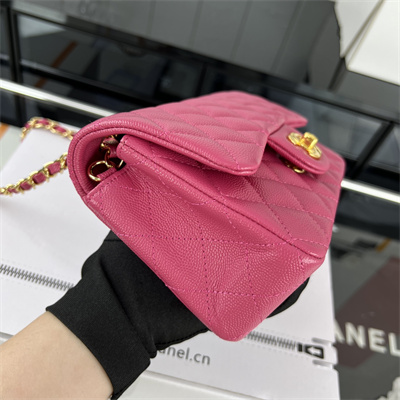 Cha.nel Mini Classic Flap Bag Grained Calfskin Gold Tone Metal Fuchsia 01116