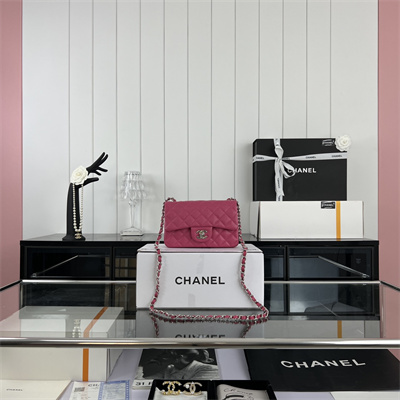 Cha.nel Mini Classic Flap Bag Grained Calfskin Silver Tone Metal Fuchsia 01116