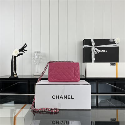 Cha.nel Mini Classic Flap Bag Grained Calfskin Silver Tone Metal Fuchsia 01116